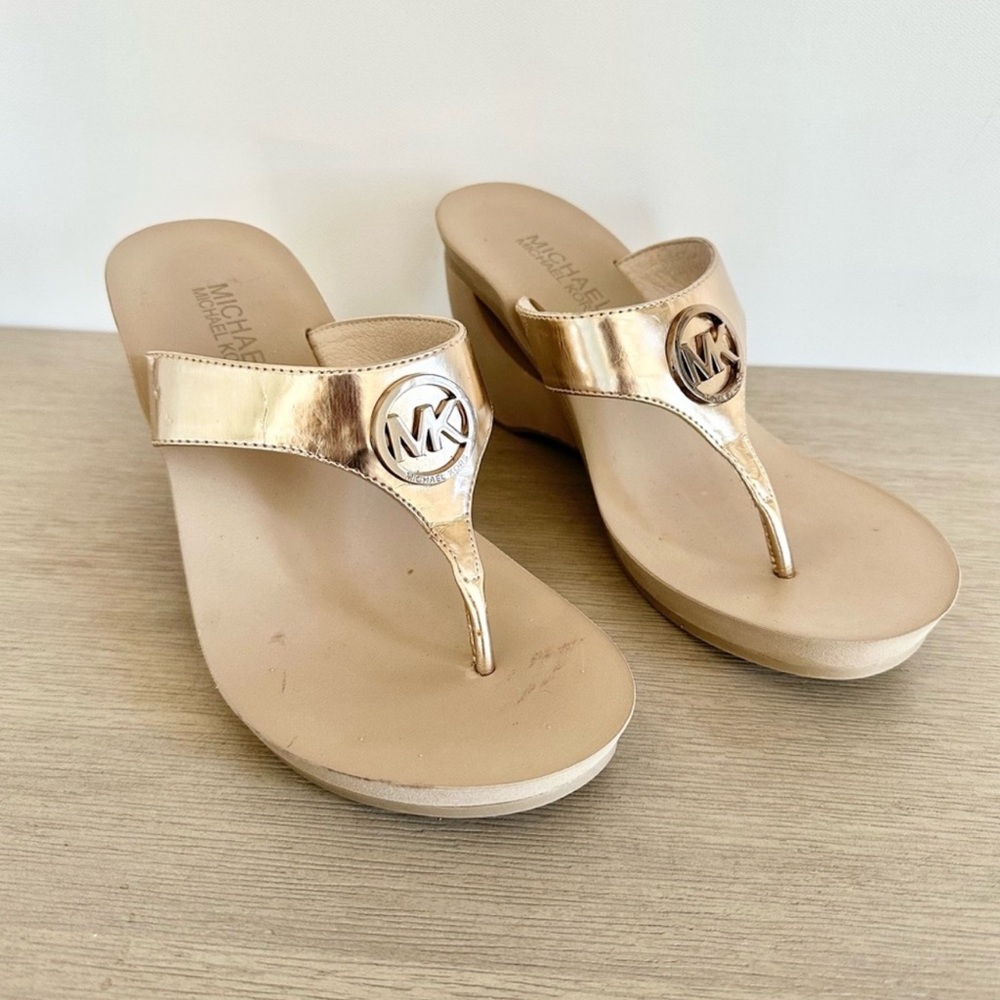 Michael Kors Gold Metallic Wedge Thong Sandals